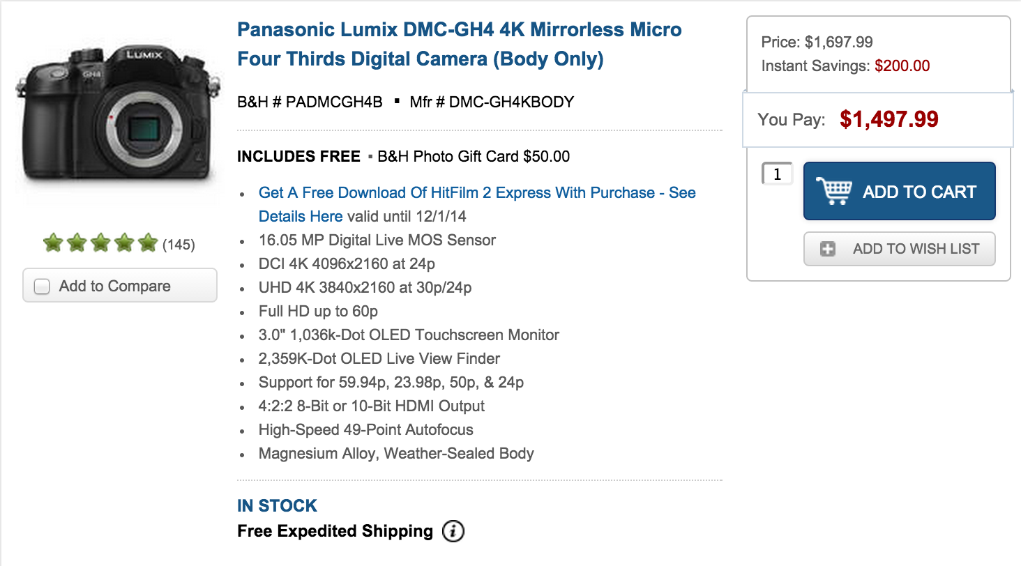  200 Instant Rebate On Panasonic GH4 Plus Double The Warrenty 