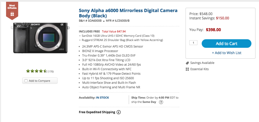 Sony Alpha a6000 Mirrorless Digital Camera